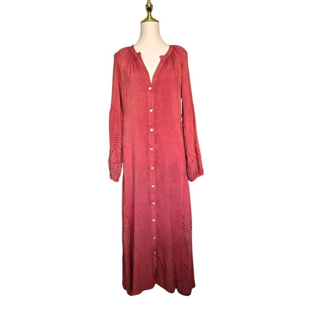 Natura Viscose Maxi Dress‎ Small Red Boho Button Front Eyelet Detail